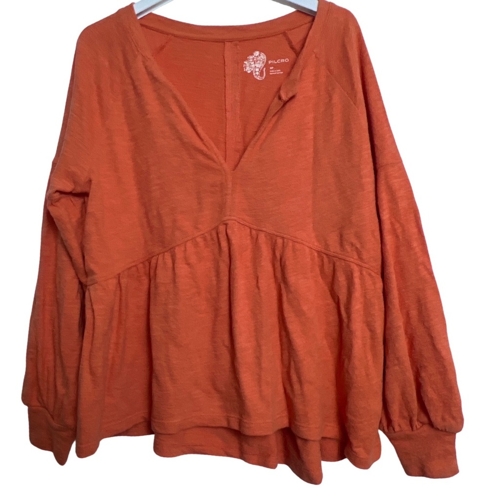 Pilcro Orange Cotton V Neck Peplum‎ Long Sleeve Top MP Boho Spring Fall Bishop